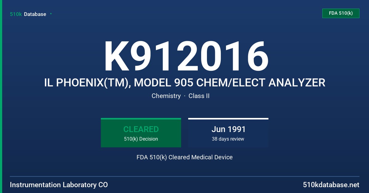 K912016 IL PHOENIX(TM), MODEL 905 CHEM/ELECT ANALYZER FDA 510(k) Cleared Medical Device