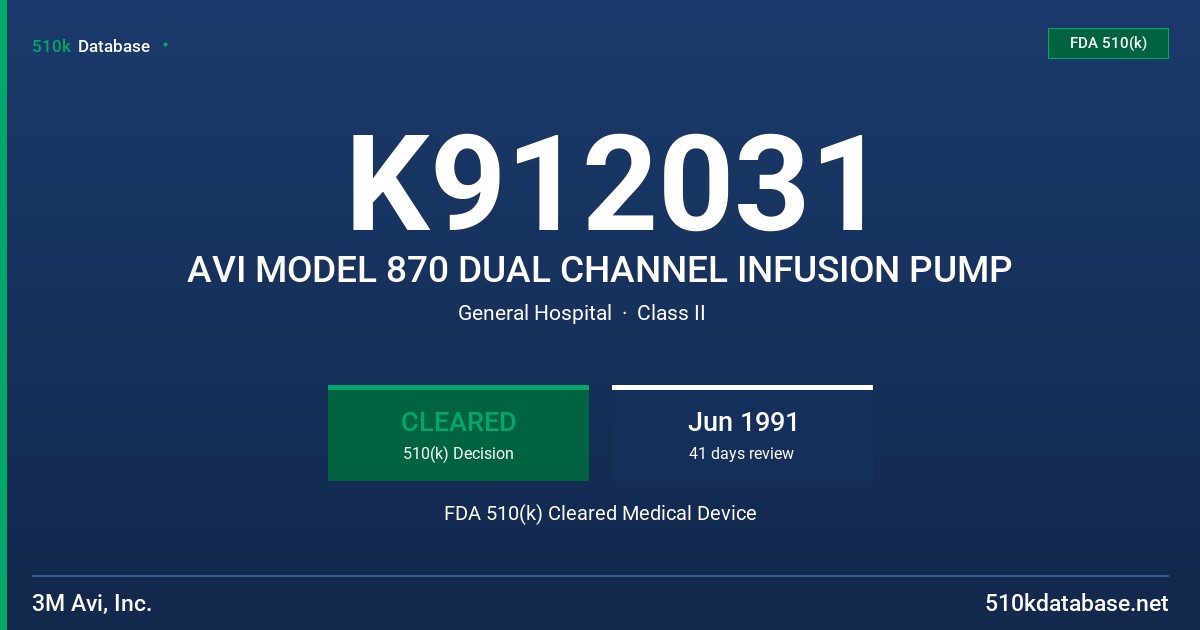 K912031 AVI MODEL 870 DUAL CHANNEL INFUSION PUMP FDA 510(k) Cleared Medical Device