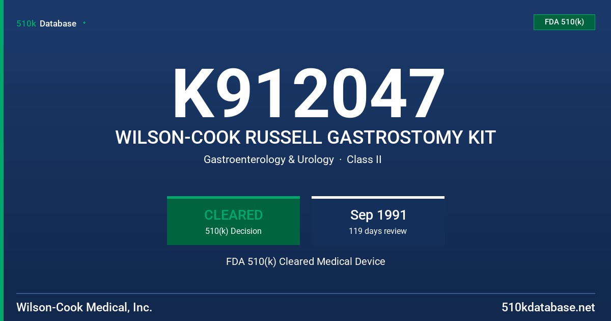 K912047 WILSON-COOK RUSSELL GASTROSTOMY KIT FDA 510(k) Cleared Medical Device