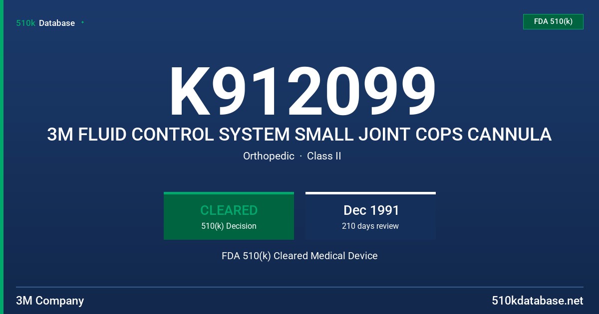 K912099 3M FLUID CONTROL SYSTEM SMALL JOINT COPS CANNULA FDA 510(k) Cleared Medical Device