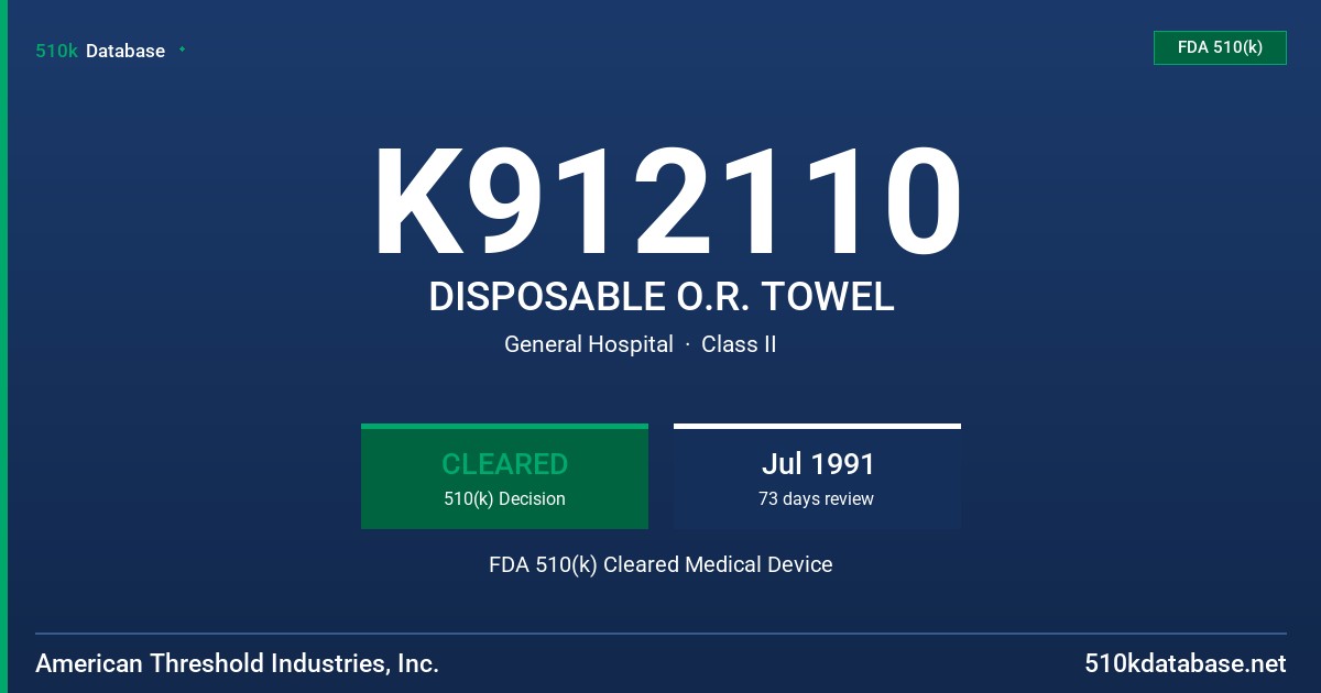 K912110 DISPOSABLE O.R. TOWEL FDA 510(k) Cleared Medical Device