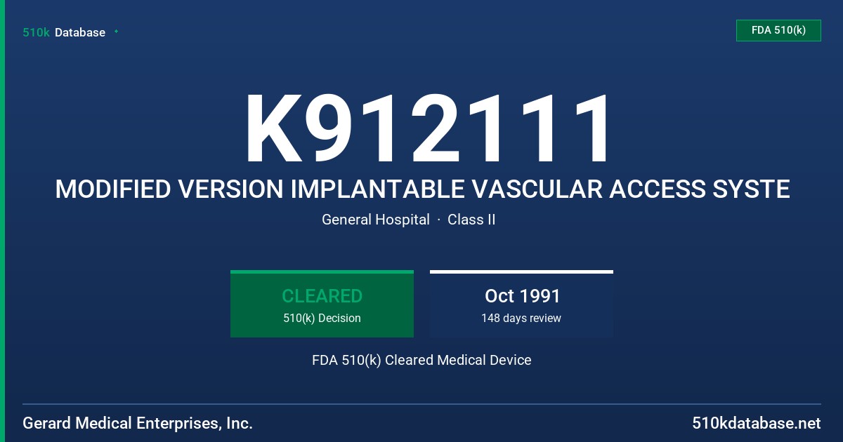 K912111 MODIFIED VERSION IMPLANTABLE VASCULAR ACCESS SYSTE FDA 510(k) Cleared Medical Device