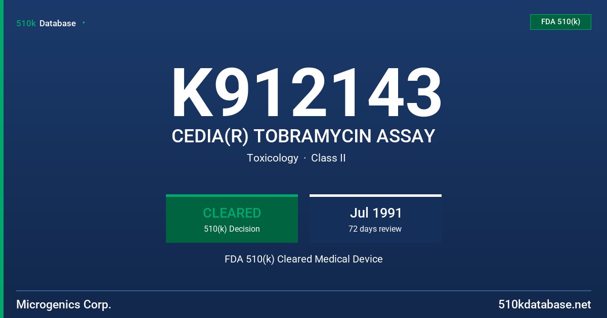 K912143 CEDIA(R) TOBRAMYCIN ASSAY FDA 510(k) Cleared Medical Device
