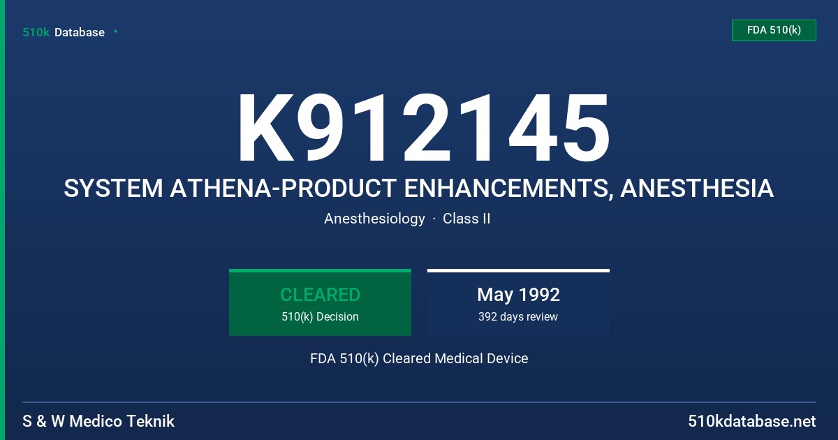 K912145 SYSTEM ATHENA-PRODUCT ENHANCEMENTS, ANESTHESIA FDA 510(k) Cleared Medical Device