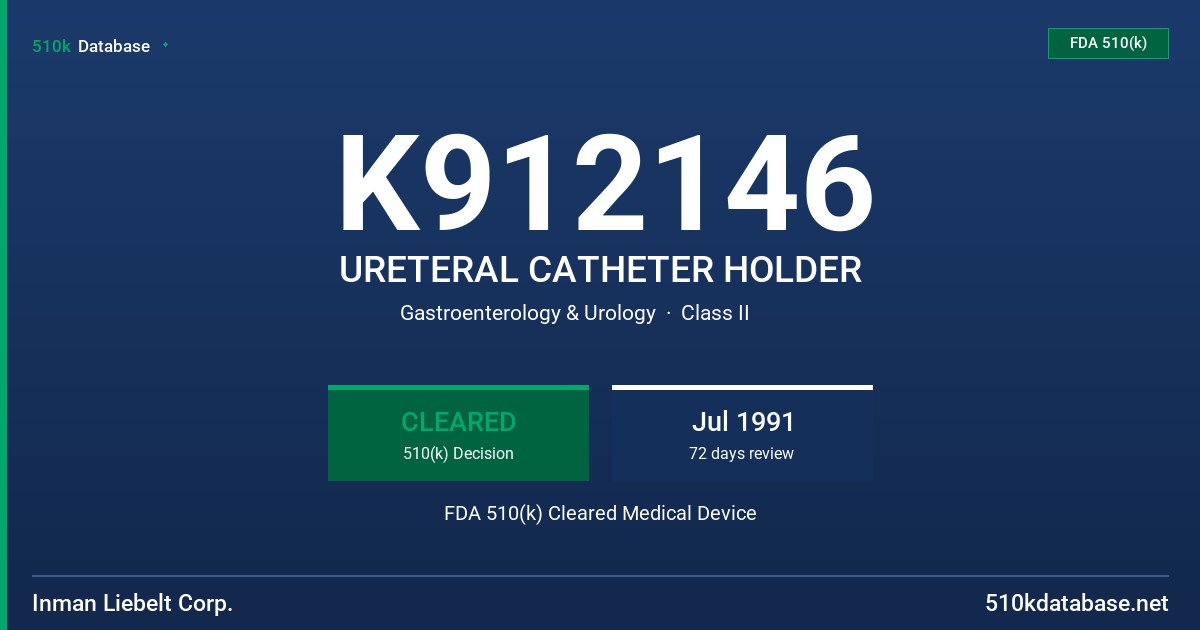 K912146 URETERAL CATHETER HOLDER FDA 510(k) Cleared Medical Device