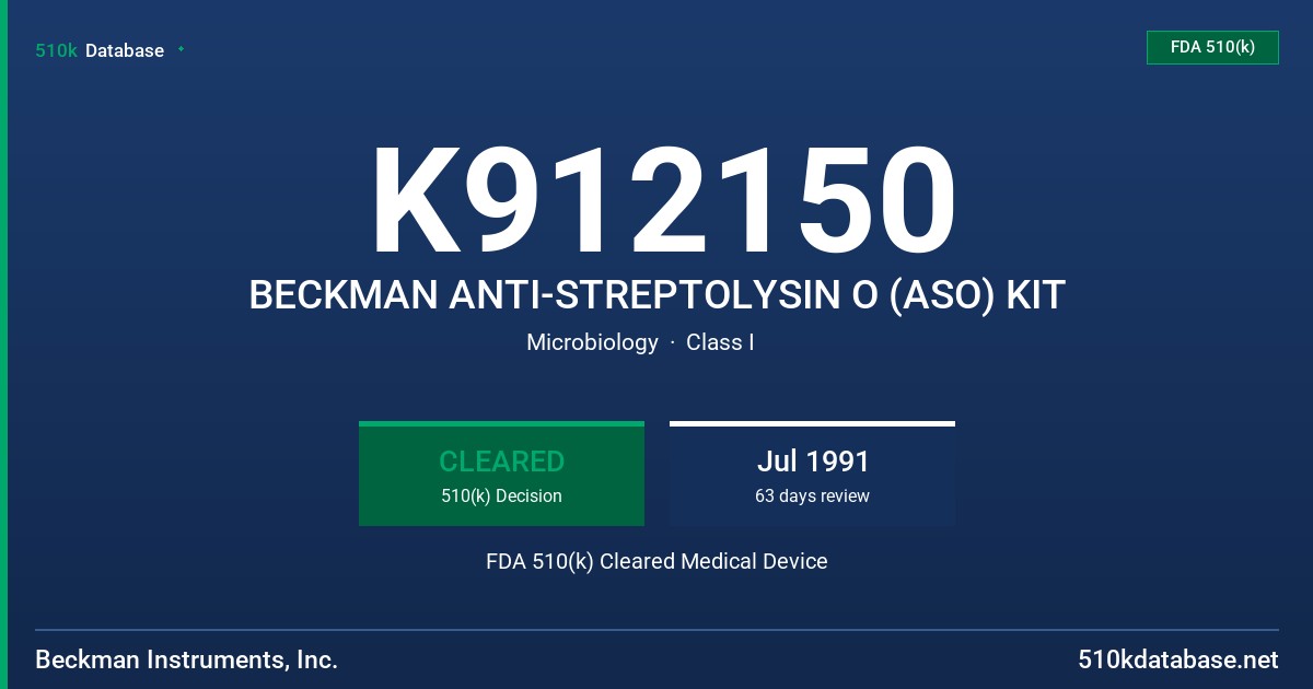 K912150 BECKMAN ANTI-STREPTOLYSIN O (ASO) KIT FDA 510(k) Cleared Medical Device