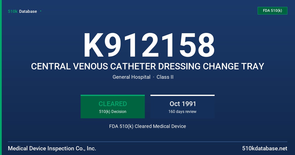 K912158 CENTRAL VENOUS CATHETER DRESSING CHANGE TRAY FDA 510(k) Cleared Medical Device