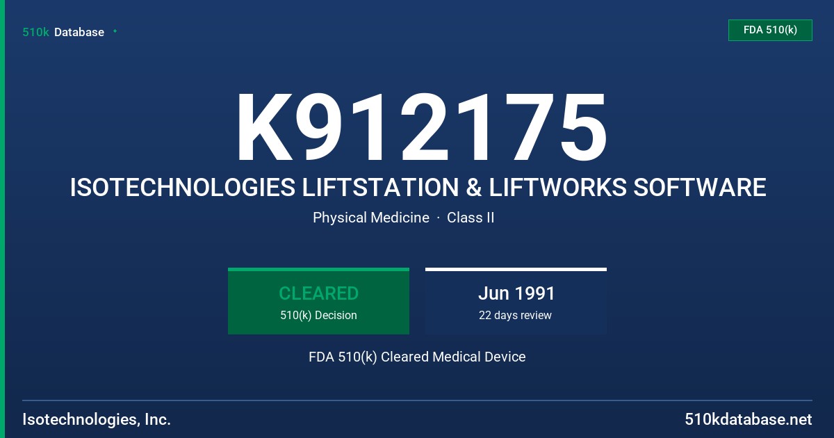 K912175 ISOTECHNOLOGIES LIFTSTATION & LIFTWORKS SOFTWARE FDA 510(k) Cleared Medical Device