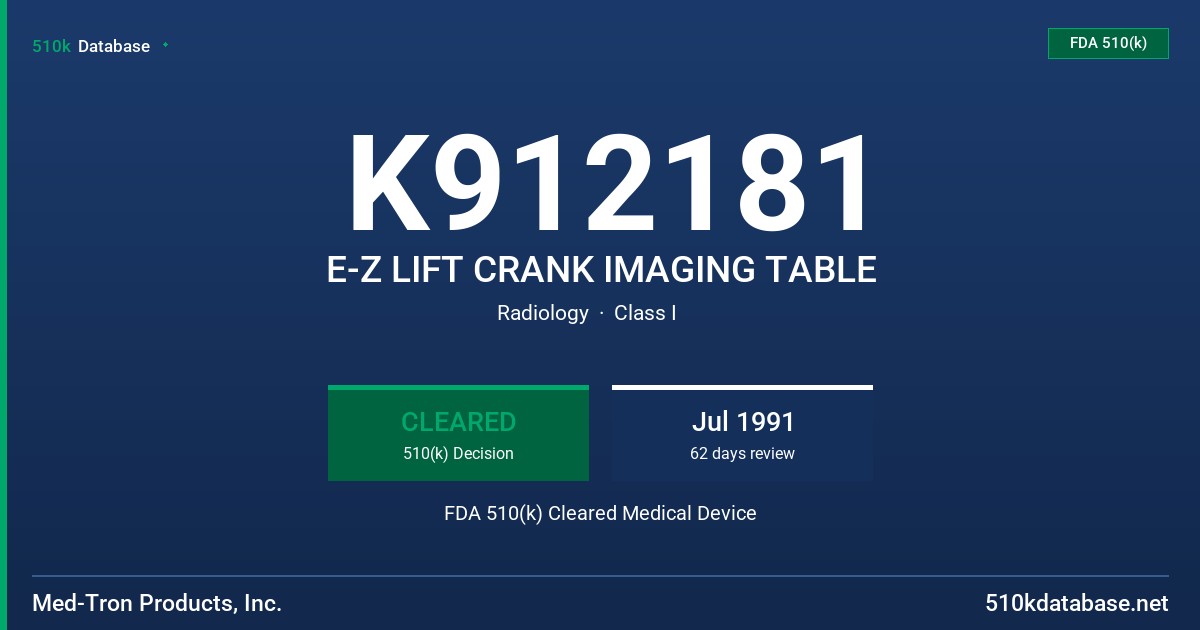 K912181 E-Z LIFT CRANK IMAGING TABLE FDA 510(k) Cleared Medical Device