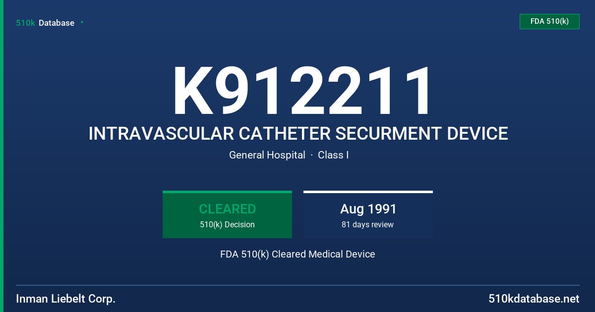K912211 INTRAVASCULAR CATHETER SECURMENT DEVICE FDA 510(k) Cleared Medical Device