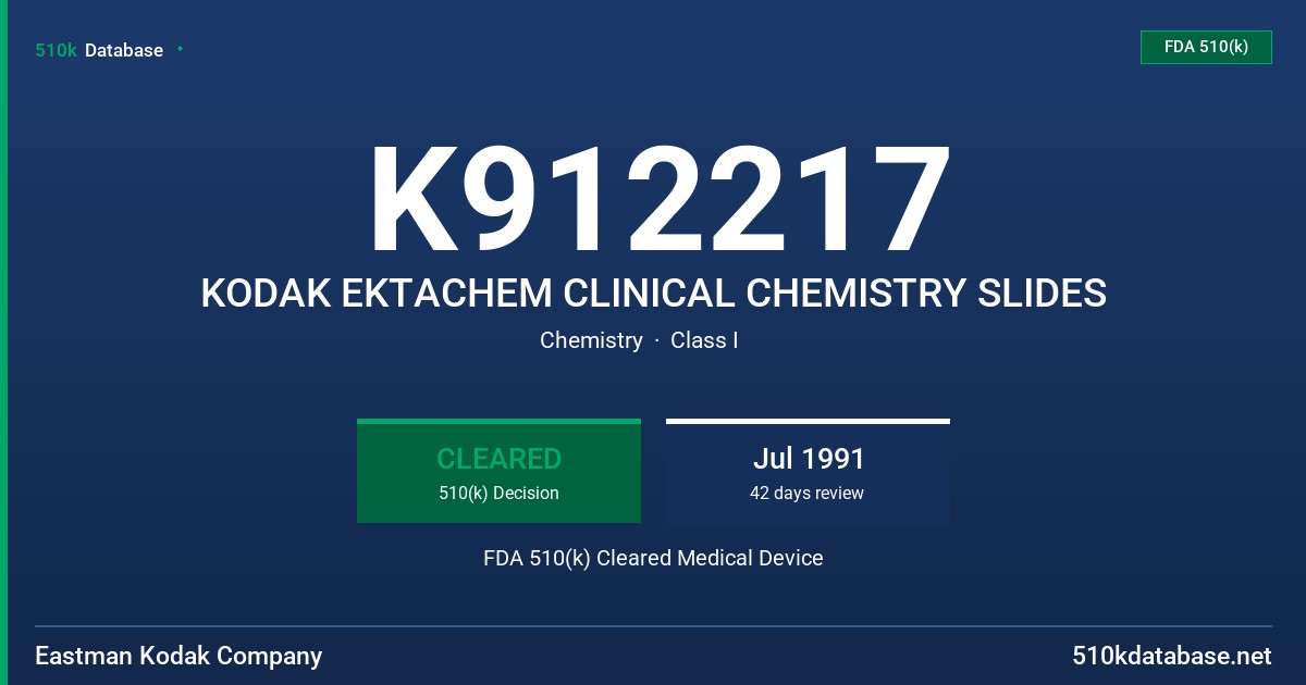 K912217 KODAK EKTACHEM CLINICAL CHEMISTRY SLIDES FDA 510(k) Cleared Medical Device