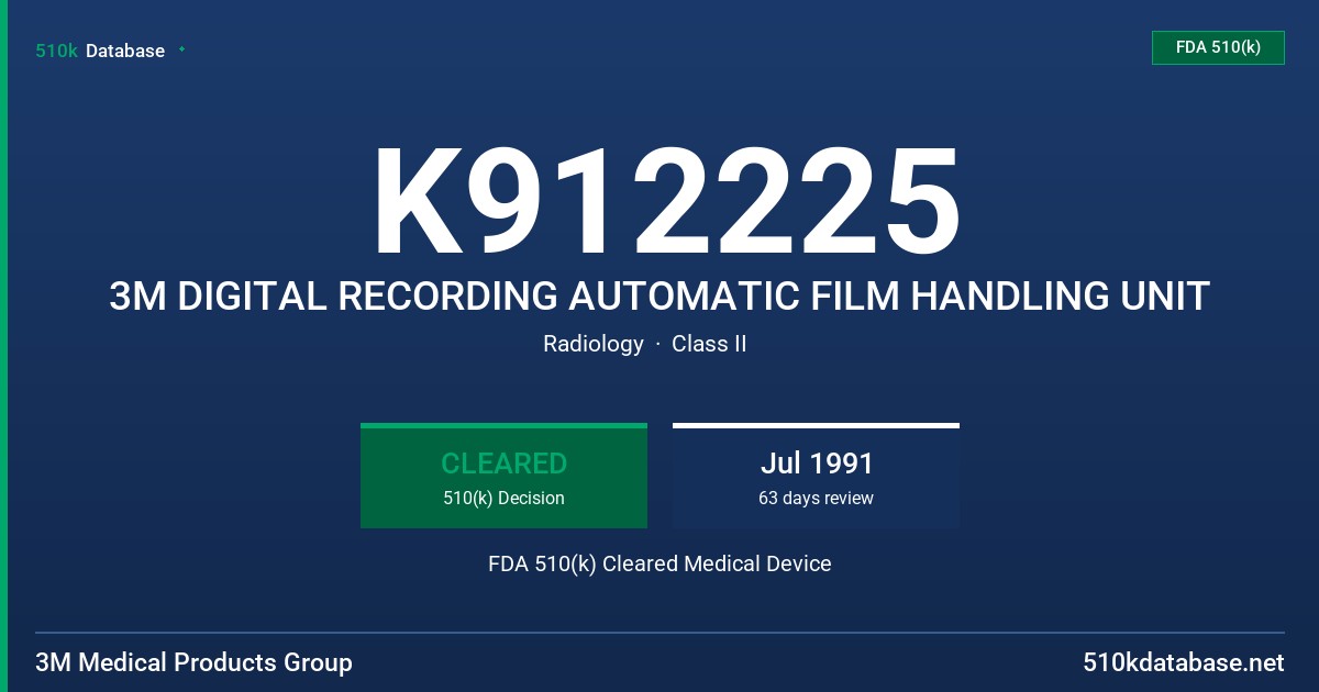 K912225 3M DIGITAL RECORDING AUTOMATIC FILM HANDLING UNIT FDA 510(k) Cleared Medical Device
