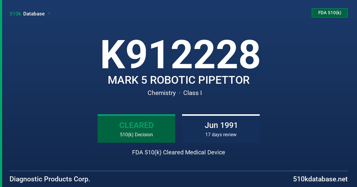 K912228 MARK 5 ROBOTIC PIPETTOR FDA 510(k) Cleared Medical Device