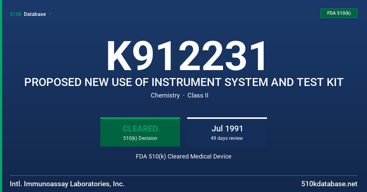 K912231 PROPOSED NEW USE OF INSTRUMENT SYSTEM AND TEST KIT FDA 510(k) Cleared Medical Device