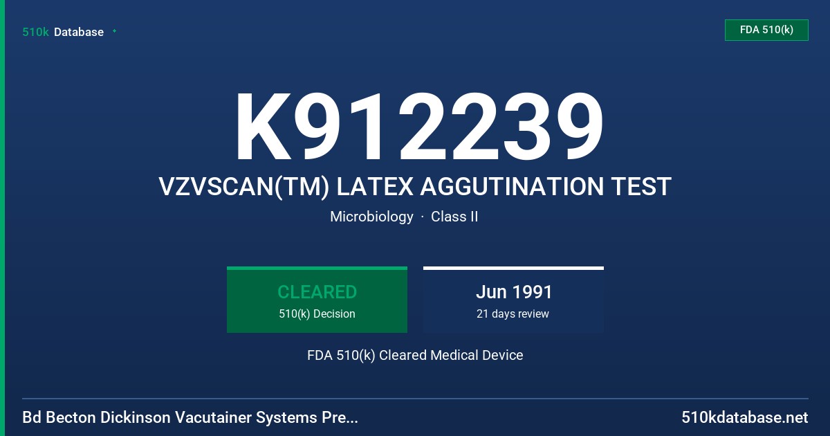 K912239 VZVSCAN(TM) LATEX AGGUTINATION TEST FDA 510(k) Cleared Medical Device