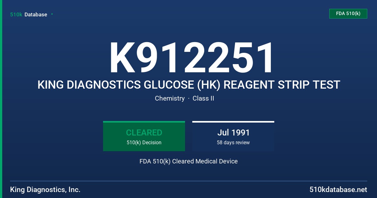 K912251 KING DIAGNOSTICS GLUCOSE (HK) REAGENT STRIP TEST FDA 510(k) Cleared Medical Device