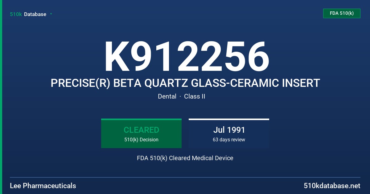 K912256 PRECISE(R) BETA QUARTZ GLASS-CERAMIC INSERT FDA 510(k) Cleared Medical Device
