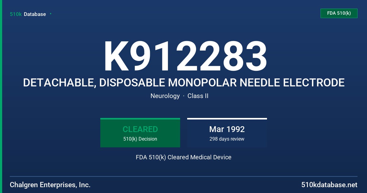 K912283 DETACHABLE, DISPOSABLE MONOPOLAR NEEDLE ELECTRODE FDA 510(k) Cleared Medical Device
