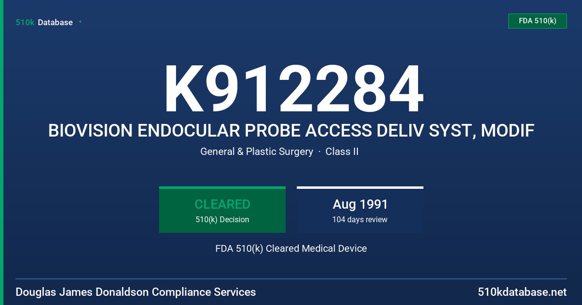 K912284 BIOVISION ENDOCULAR PROBE ACCESS DELIV SYST, MODIF FDA 510(k) Cleared Medical Device