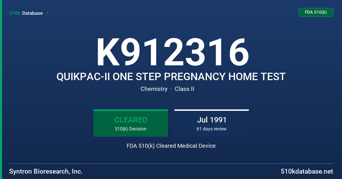 K912316 QUIKPAC-II ONE STEP PREGNANCY HOME TEST FDA 510(k) Cleared Medical Device