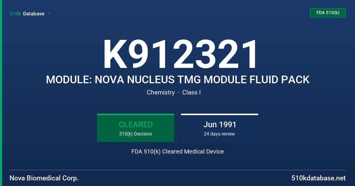 K912321 MODULE: NOVA NUCLEUS TMG MODULE FLUID PACK FDA 510(k) Cleared Medical Device