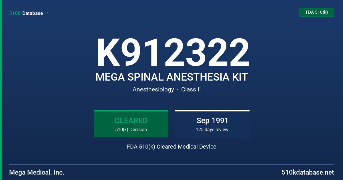 K912322 MEGA SPINAL ANESTHESIA KIT FDA 510(k) Cleared Medical Device