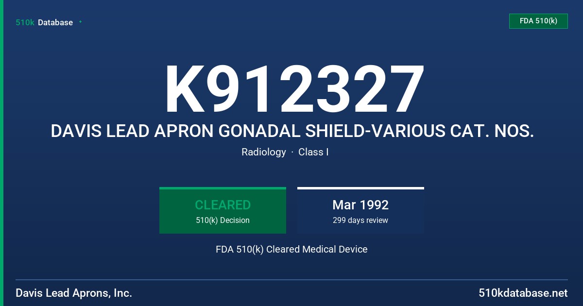 K912327 DAVIS LEAD APRON GONADAL SHIELD-VARIOUS CAT. NOS. FDA 510(k) Cleared Medical Device