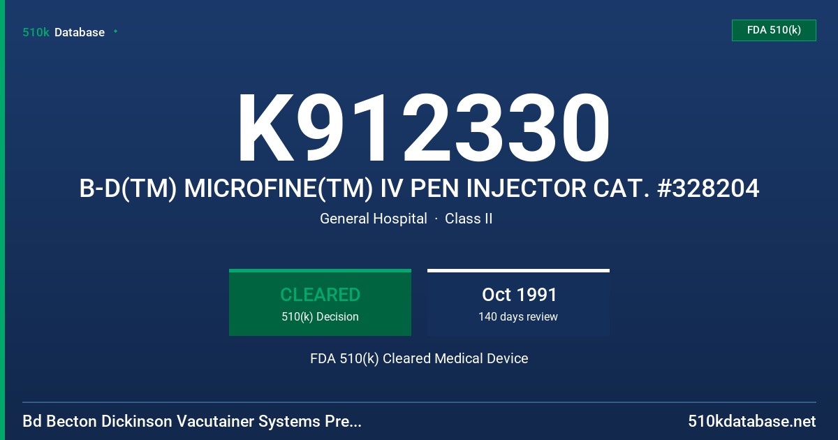 K912330 B-D(TM) MICROFINE(TM) IV PEN INJECTOR CAT. #328204 FDA 510(k) Cleared Medical Device