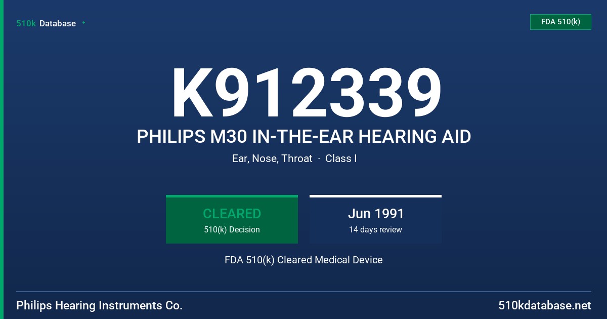 K912339 PHILIPS M30 IN-THE-EAR HEARING AID FDA 510(k) Cleared Medical Device