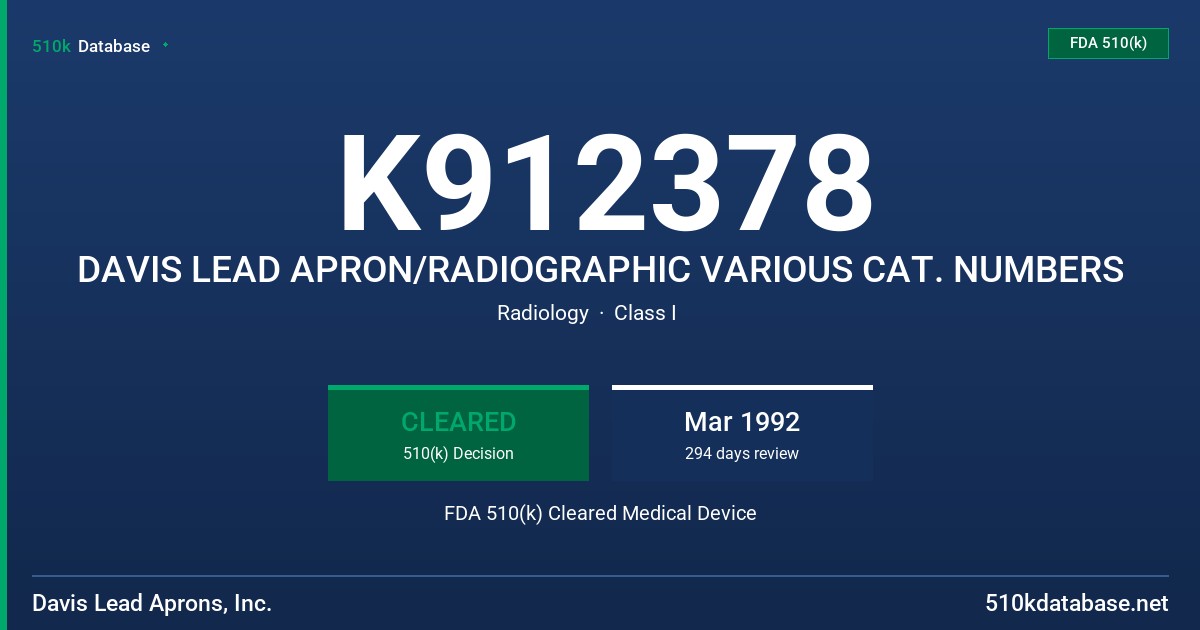 K912378 DAVIS LEAD APRON/RADIOGRAPHIC VARIOUS CAT. NUMBERS FDA 510(k) Cleared Medical Device