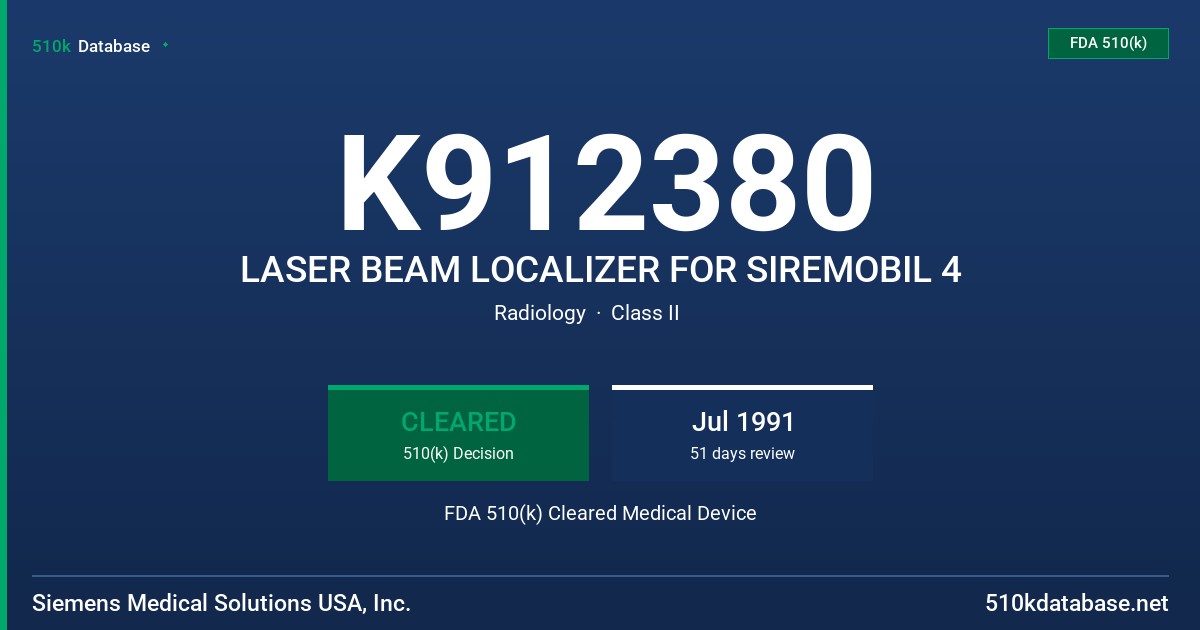K912380 LASER BEAM LOCALIZER FOR SIREMOBIL 4 FDA 510(k) Cleared Medical Device