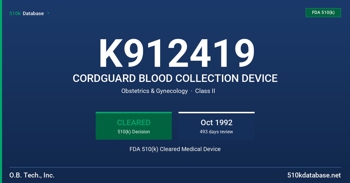 K912419 CORDGUARD BLOOD COLLECTION DEVICE FDA 510(k) Cleared Medical Device