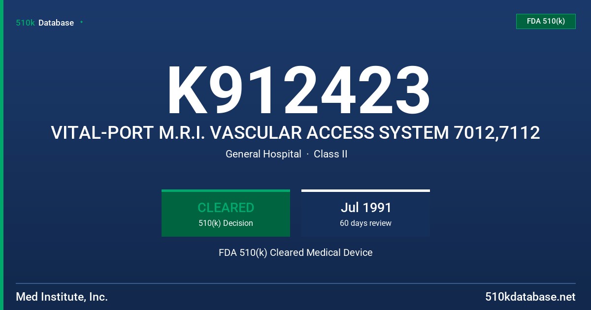 K912423 VITAL-PORT M.R.I. VASCULAR ACCESS SYSTEM 7012,7112 FDA 510(k) Cleared Medical Device