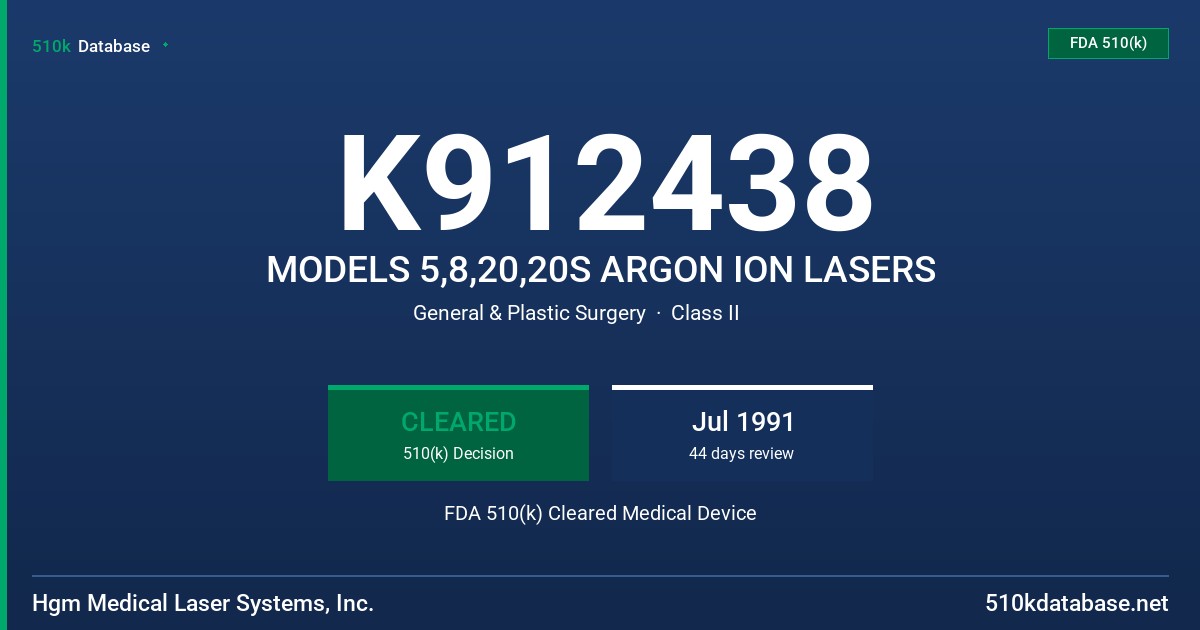 K912438 MODELS 5,8,20,20S ARGON ION LASERS FDA 510(k) Cleared Medical Device