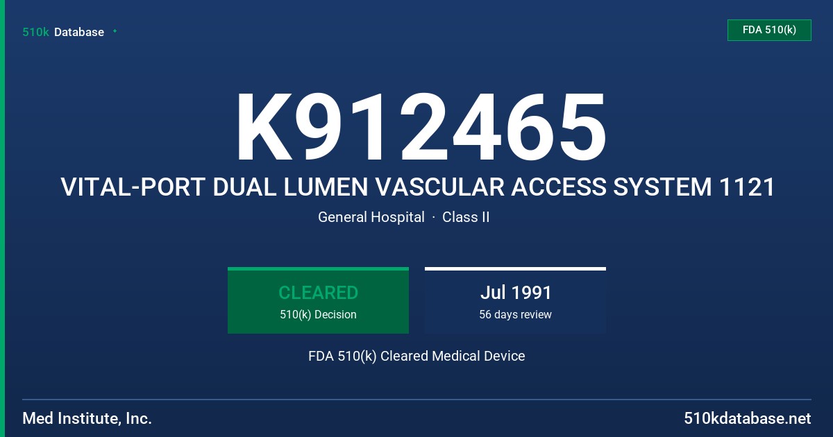 K912465 VITAL-PORT DUAL LUMEN VASCULAR ACCESS SYSTEM 1121 FDA 510(k) Cleared Medical Device