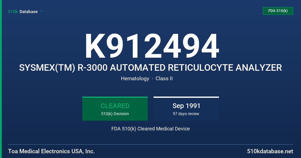 K912494 SYSMEX(TM) R-3000 AUTOMATED RETICULOCYTE ANALYZER FDA 510(k) Cleared Medical Device