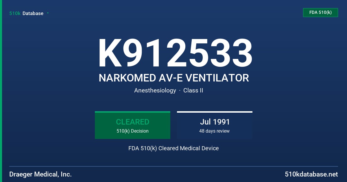 K912533 NARKOMED AV-E VENTILATOR FDA 510(k) Cleared Medical Device