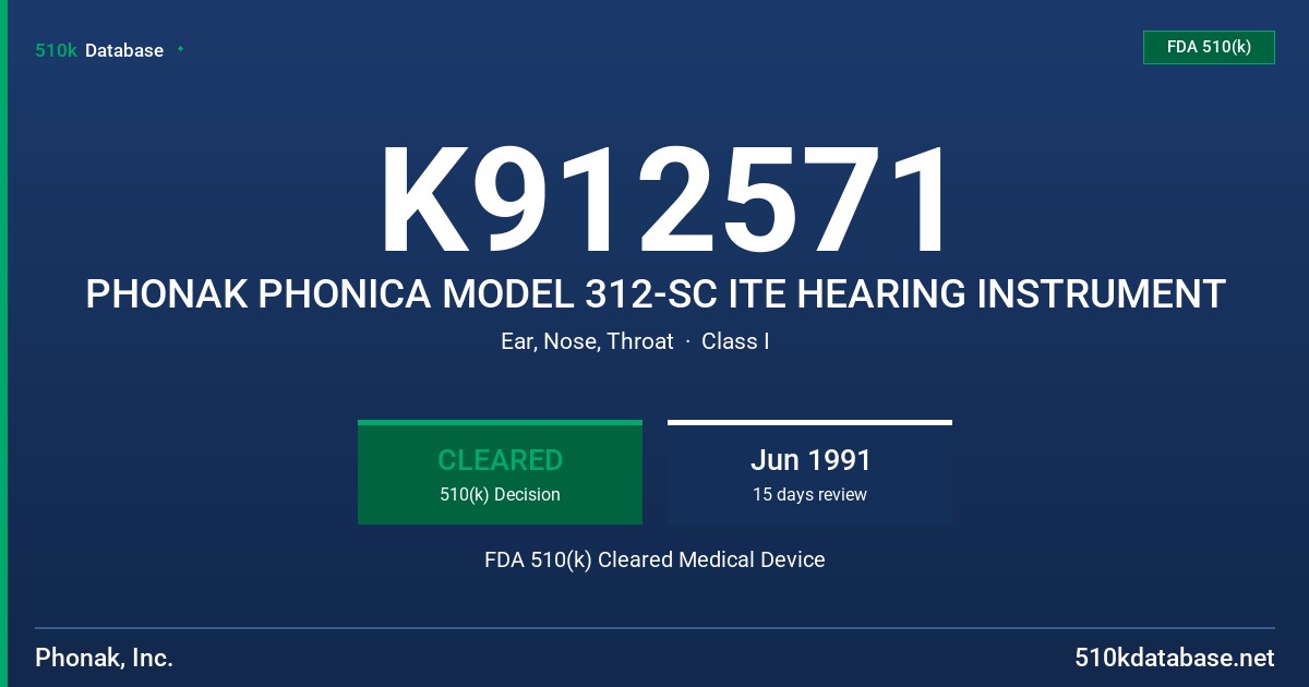 K912571 PHONAK PHONICA MODEL 312-SC ITE HEARING INSTRUMENT FDA 510(k) Cleared Medical Device