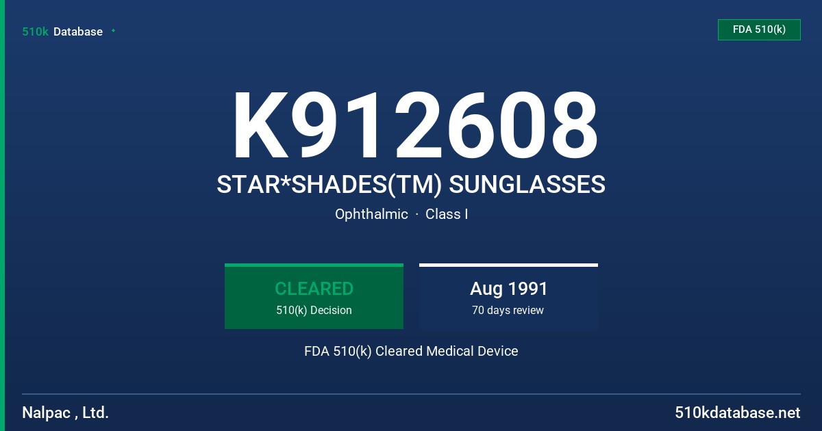 K912608 STAR*SHADES(TM) SUNGLASSES FDA 510(k) Cleared Medical Device
