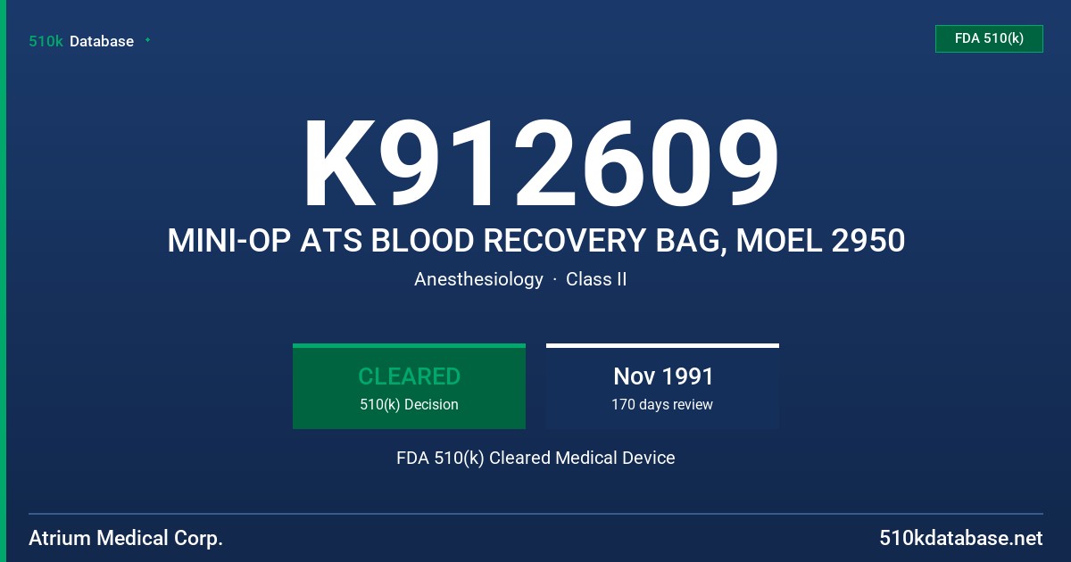K912609 MINI-OP ATS BLOOD RECOVERY BAG, MOEL 2950 FDA 510(k) Cleared Medical Device