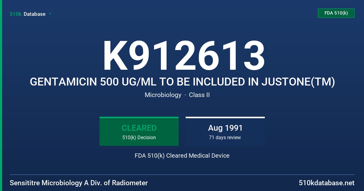 K912613 GENTAMICIN 500 UG/ML TO BE INCLUDED IN JUSTONE(TM) FDA 510(k) Cleared Medical Device