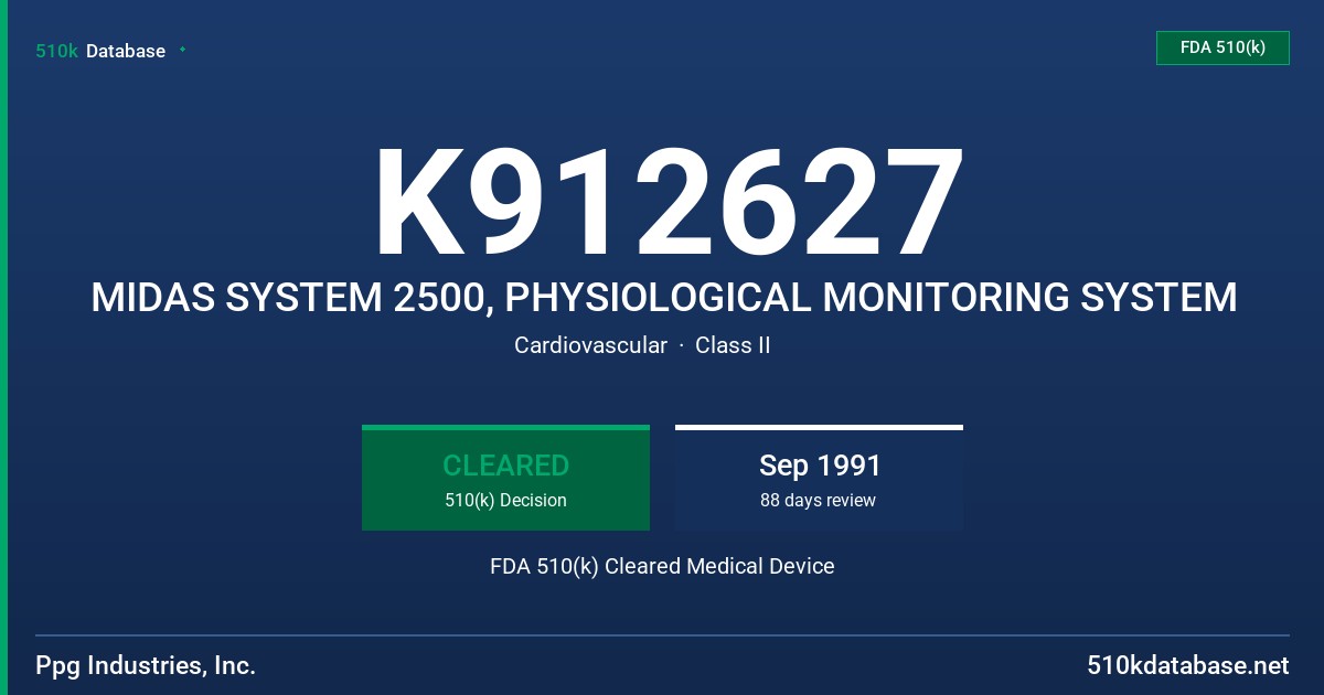 K912627 MIDAS SYSTEM 2500, PHYSIOLOGICAL MONITORING SYSTEM FDA 510(k) Cleared Medical Device