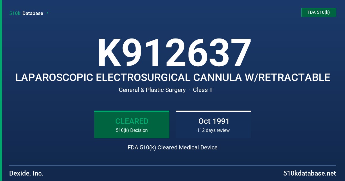 K912637 LAPAROSCOPIC ELECTROSURGICAL CANNULA W/RETRACTABLE FDA 510(k) Cleared Medical Device