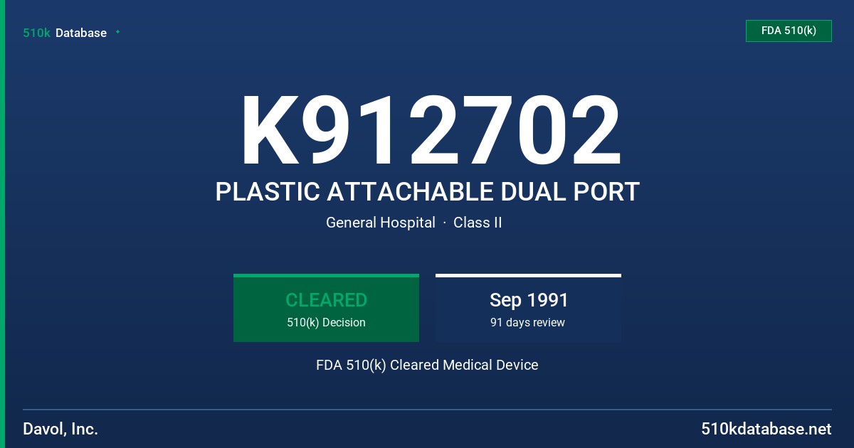 K912702 PLASTIC ATTACHABLE DUAL PORT FDA 510(k) Cleared Medical Device