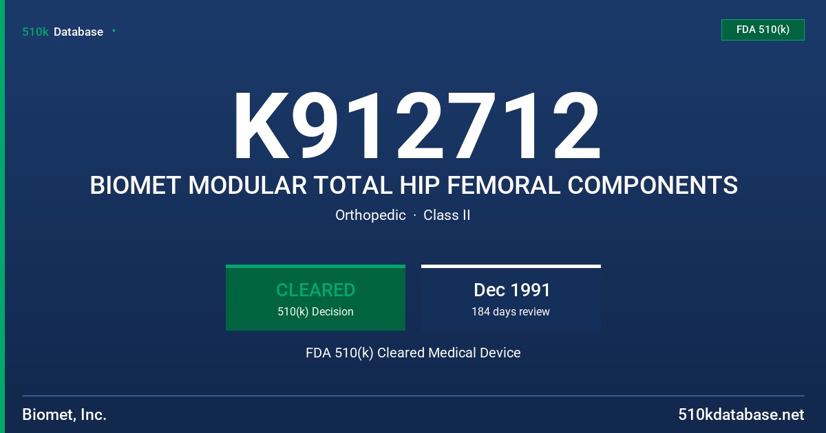 K912712 BIOMET MODULAR TOTAL HIP FEMORAL COMPONENTS FDA 510(k) Cleared Medical Device