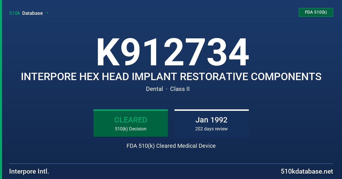K912734 INTERPORE HEX HEAD IMPLANT RESTORATIVE COMPONENTS FDA 510(k) Cleared Medical Device