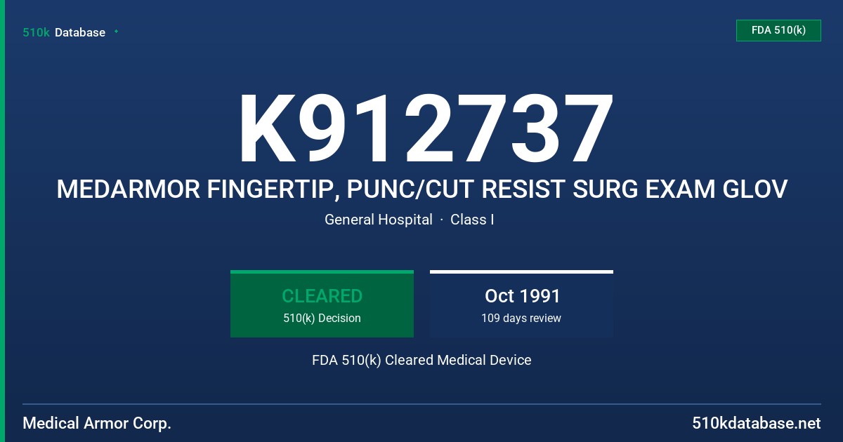 K912737 MEDARMOR FINGERTIP, PUNC/CUT RESIST SURG EXAM GLOV FDA 510(k) Cleared Medical Device
