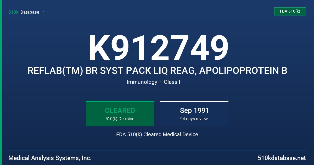 K912749 REFLAB(TM) BR SYST PACK LIQ REAG, APOLIPOPROTEIN B FDA 510(k) Cleared Medical Device