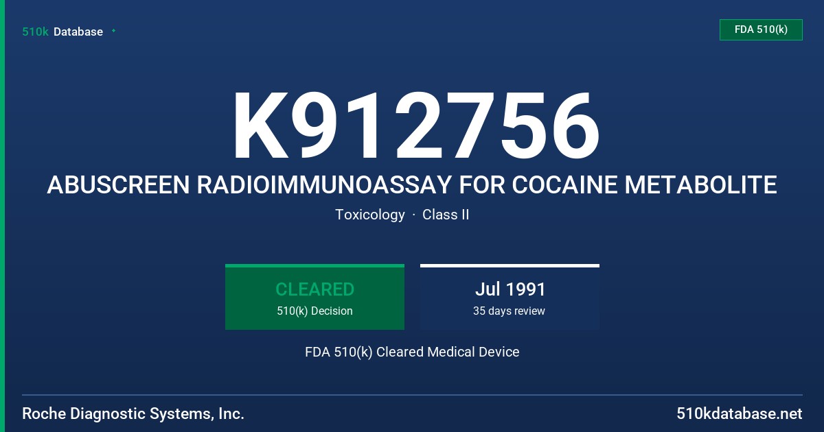 K912756 ABUSCREEN RADIOIMMUNOASSAY FOR COCAINE METABOLITE FDA 510(k) Cleared Medical Device