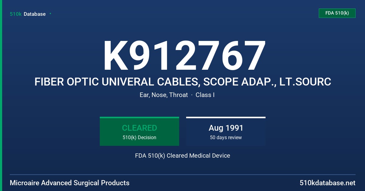 K912767 FIBER OPTIC UNIVERAL CABLES, SCOPE ADAP., LT.SOURC FDA 510(k) Cleared Medical Device